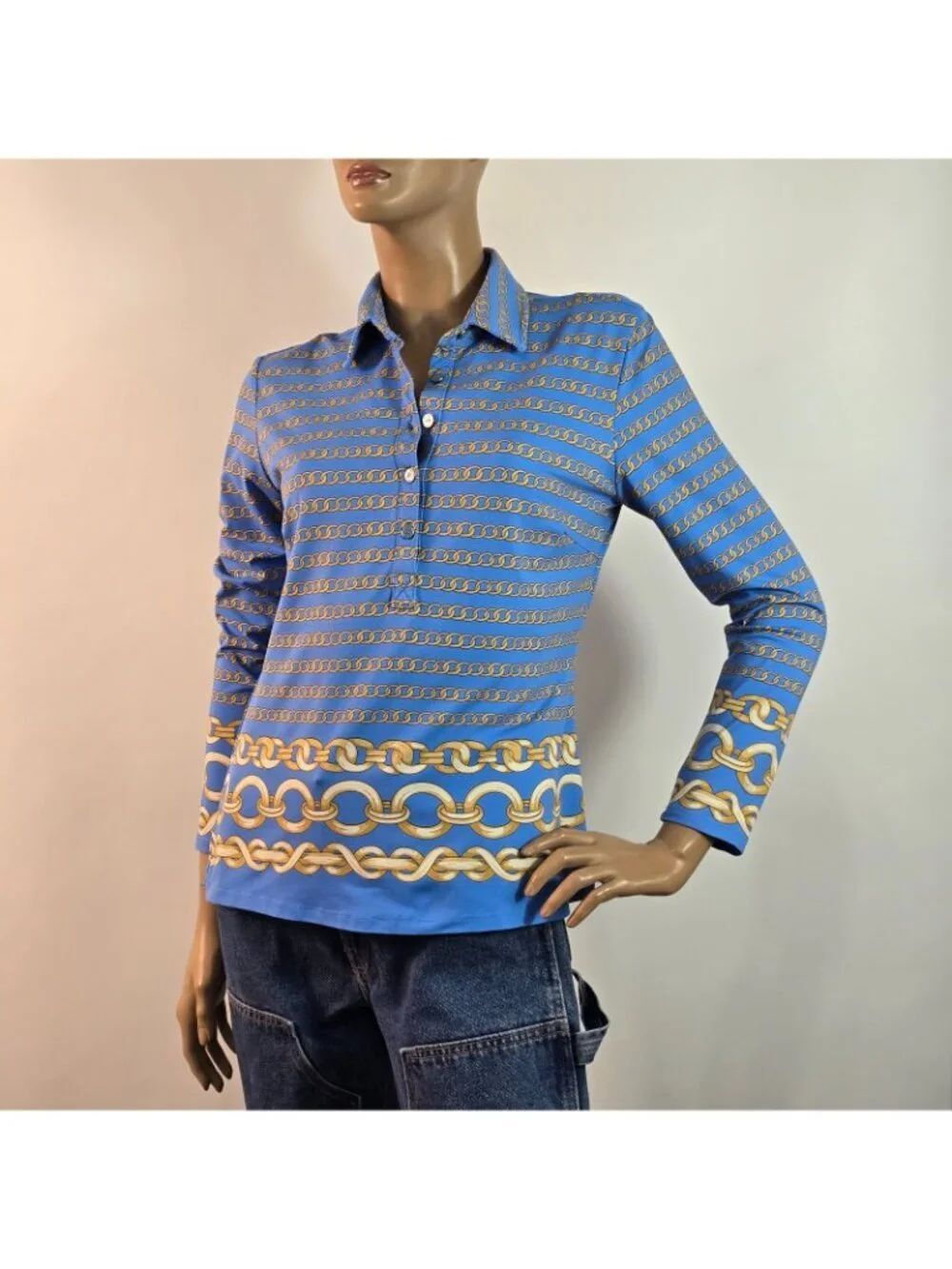 J McLaughlin Sportswear Blue Top Gold Interlocking Chains Size M Catalina Cloth - Picture 3 of 11